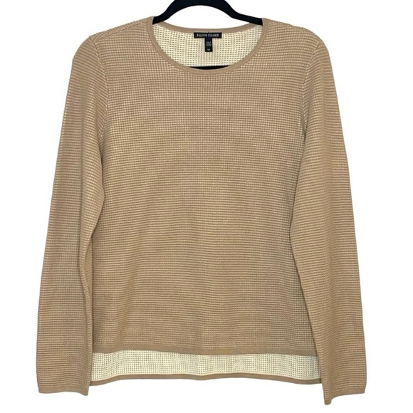 Eileen Fisher Tan Long Sleeve Textured Silk Organic Cotton Sweater size Small - Picture 1 of 6